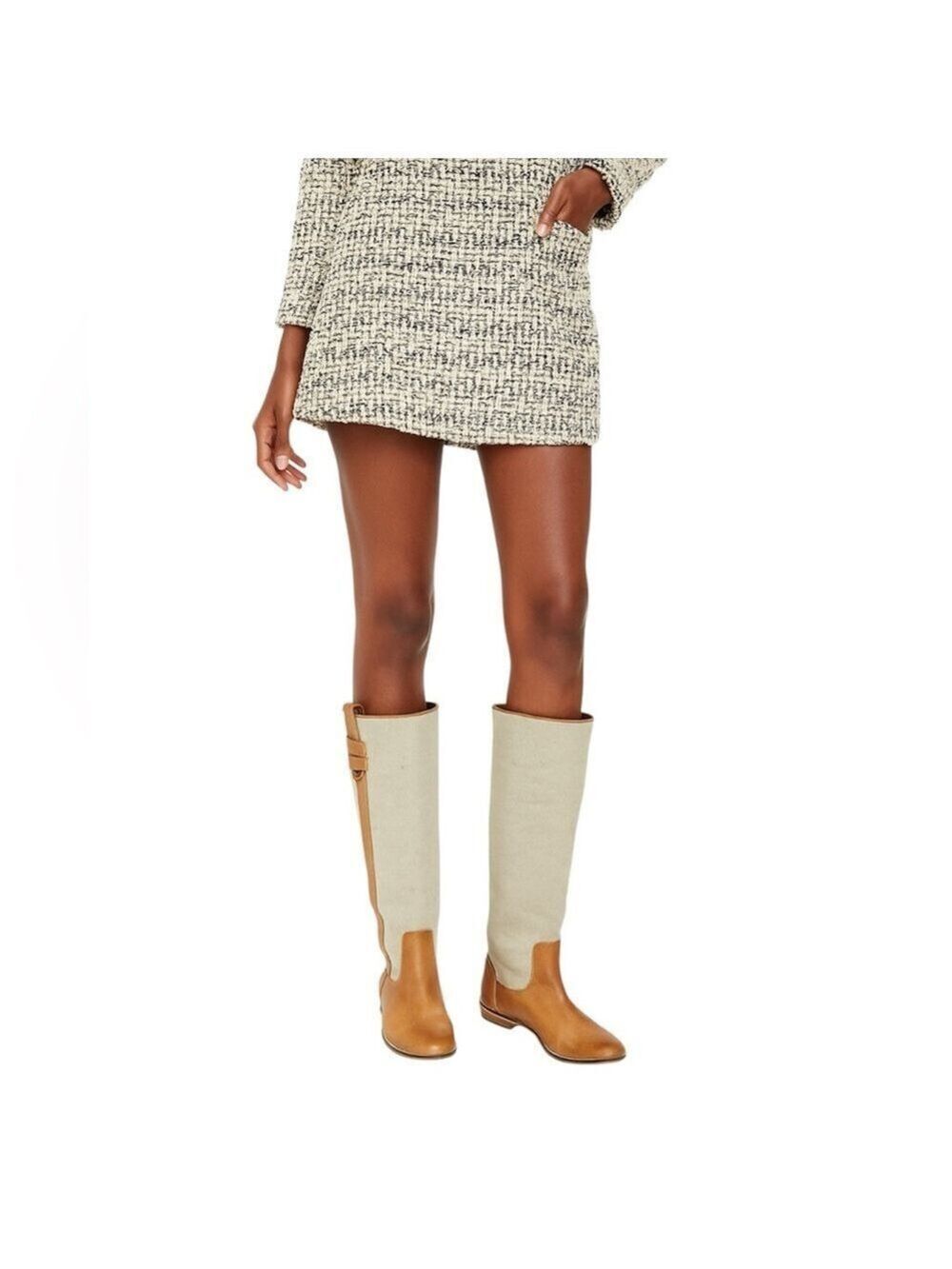 Massimo Dutti beige canvas brown leather tall flat riding boots EU 38